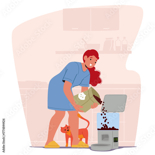 Woman pet owner using smart feeder for cat with portion control due to schedule cartoon scene