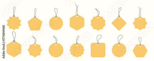 Blank yellow gift tags vector set with string. Hanging label mockup flat design. Price tag template for packaging design. Minimalist tag and label bundle vector