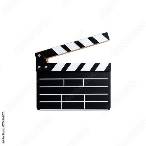 A black and white clapperboard, open, on a plain background