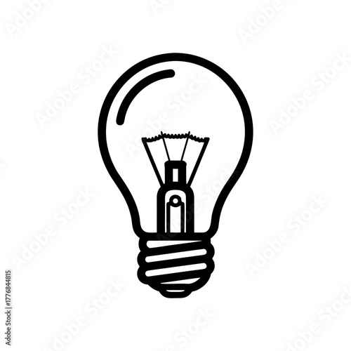 A black and white line drawing of a classic incandescent light bulb, representing ideas, innovation, and discovery