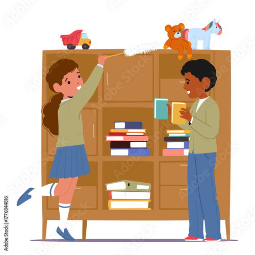 Schoolboy and schoolgirl cartoon characters cleaning classroom and dusting bookcase together