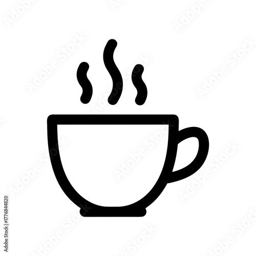 A simple black and white line art illustration of a steaming hot cup of coffee or tea, perfect for representing beverage breaks and warm drinks in graphic design