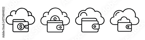 Cloud wallet digital money management secure online banking financial technology solution icon set