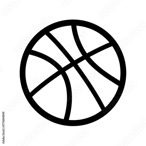 A simple black and white line art illustration of a basketball with its characteristic seam pattern, representing the sport and athleticism
