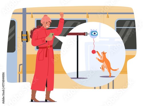 Woman pet owner enjoying viewing her cat playing with smart toys via mobile phone camera scene