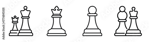 Chess pieces vector art: king, queen, bishop, pawn, outline chess pieces for board game design