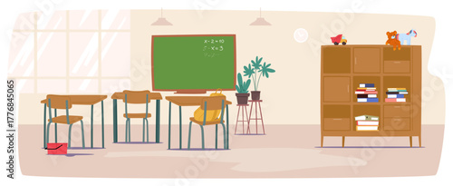 School classroom settings and interior design with furniture and blackboard cartoon background