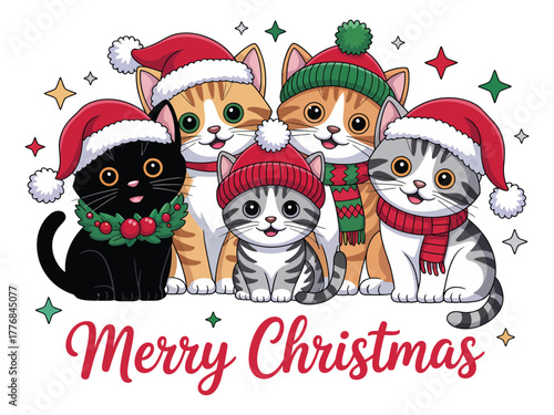 Five adorable cats dressed in Christmas hats and scarves are wishing everyone a Merry Christmas.