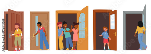 Happy children opening or closing building doors with different purpose isolated set on white