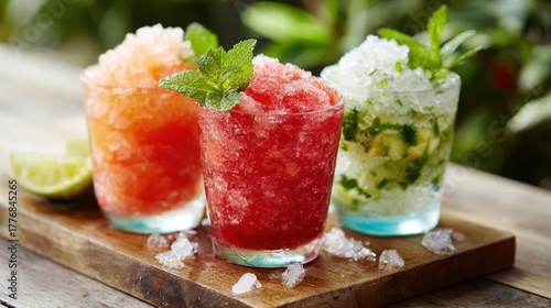 Three colorful slush drinks placed on a wooden board surrounded by fresh ingredients and greenery.