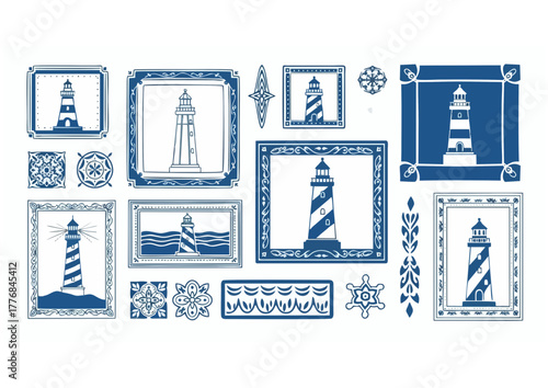 Stylized lighthouse on a sandy shore with clouds and sun in a light blue sky, vector illustration 
