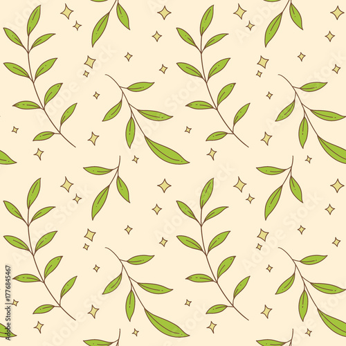 Seamless pattern with green leaves and stars on beige background. Hand drawn spring nature wallpaper. 