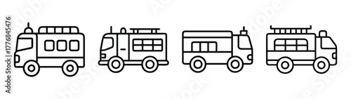 Collection of black and white line art drawings of emergency vehicles and service trucks vector