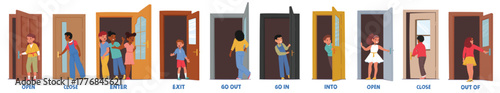 Cute children little cartoon characters opening closing doors to exit or enter a room or building