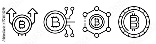 Bitcoin cryptocurrency digital currency blockchain technology line art vector icons set design