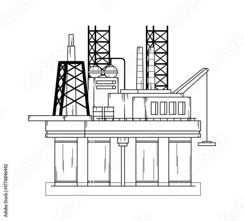 Black-and-white offshore oil rig platform