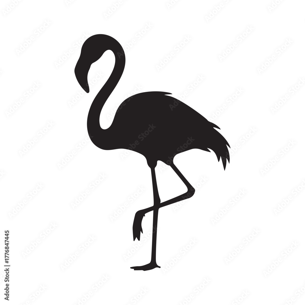 Fototapeta premium Elegant flamingo silhouette standing on one leg, tropical bird illustration isolated on white background, perfect for wildlife, nature, zoo, and animal-themed design projects.