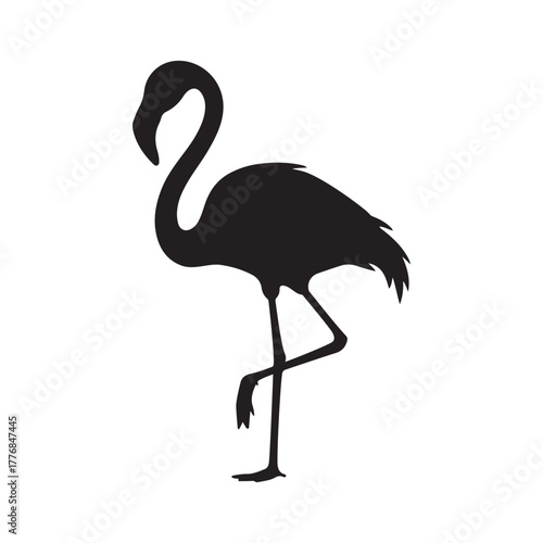 Elegant flamingo silhouette standing on one leg, tropical bird illustration isolated on white background, perfect for wildlife, nature, zoo, and animal-themed design projects.