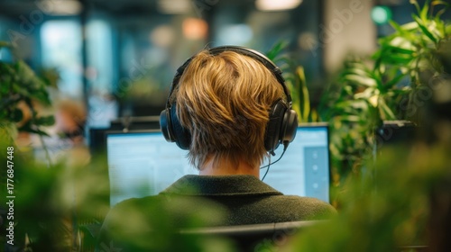 A person is immersed in their tasks at a computer surrounded by vibrant greenery creating a calming work environment.