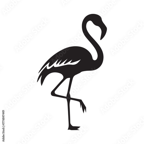 Elegant flamingo silhouette standing on one leg, tropical bird illustration isolated on white background, perfect for wildlife, nature, zoo, and animal-themed design projects.