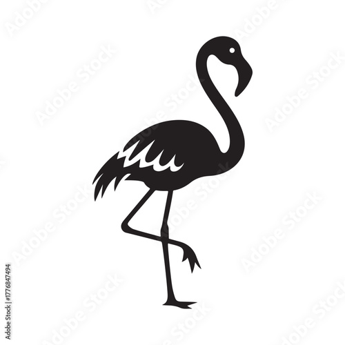 Elegant flamingo silhouette standing on one leg, tropical bird illustration isolated on white background, perfect for wildlife, nature, zoo, and animal-themed design projects.