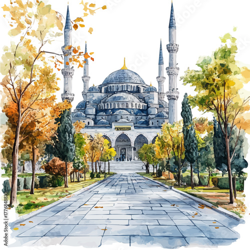 watercolor of Sultan Ahmed Mosque, vector, isolated on a white background.