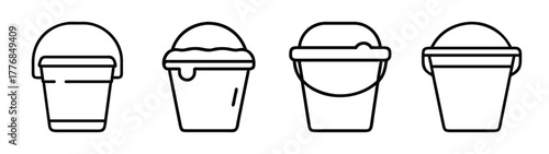 Vector line art illustration of sand buckets for beach toys and kids summer fun activities and play