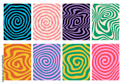 Abstract Spiral Psychedelic Patterns. Vector Swirl Wavy Spiral Background. Radial Line Warp Bg.