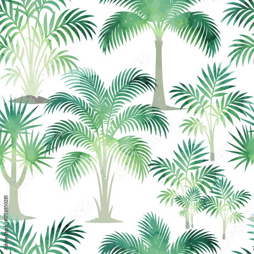 Seamless pattern with watercolor palm trees. Hand drawn. Not AI, vector illustration.