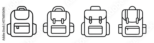 Backpack outline vector set for travel, school, hiking and camping gear design template isolated on white