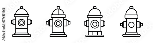 Fire hydrant outline drawing: vector illustration of multiple fire hydrants in black and white line art