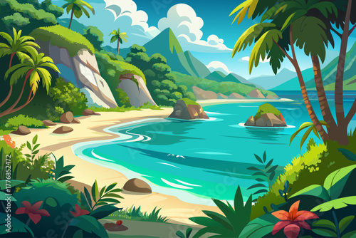 A secluded tropical cove with crystal clear turquoise water surrounded by lush vegetation, a backdrop of the Pacific Ocean, tranquil paradisiacal beach views, and a serene landscape of exotic nature.