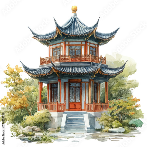 Shanghai Museum, watercolor illustration vector, isolated on a white background.
