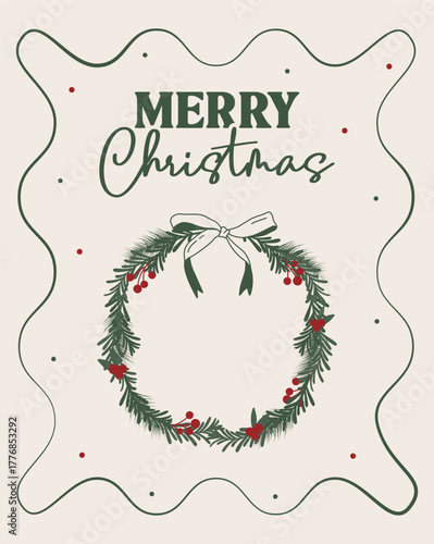 Minimal Christmas illustration with a holiday wreath, green branches, red berries, and a ribbon bow. Elegant festive design for greeting cards, posters, and winter decor.