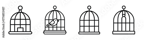 Birdcage vector illustration set, outline drawing of bird cages, pet shop design elements, line art