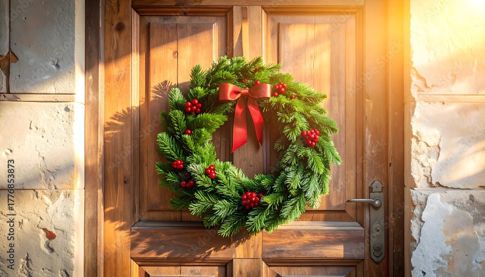 Naklejka premium Holiday Wreath on Wooden Door with red berries and ribbon