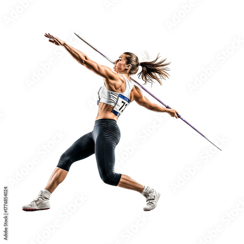 A focused female athlete captured mid-javelin throw, showcasing strength, precision, and dynamic athletic motion in sportswear.