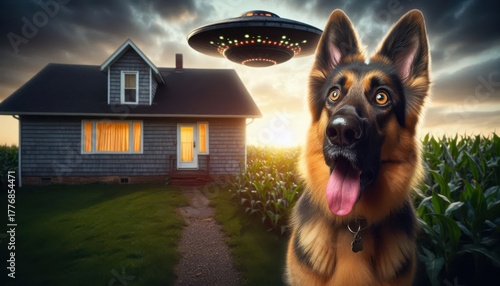 A german shepherd is in front of a simple house surrounded by green cornfields. A UFO is hovering above as the sun sets, creating an unusual and captivating scene.
