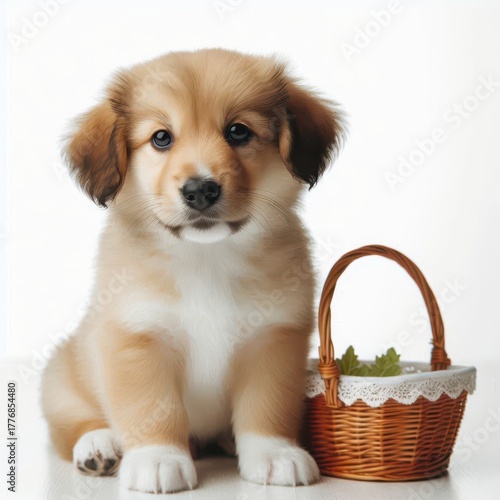 A fluffy puppy sits calmly beside a small woven basket filled with green leaves. The background is bright, creating a cheerful and warm atmosphere. The puppy looks friendly and curious.