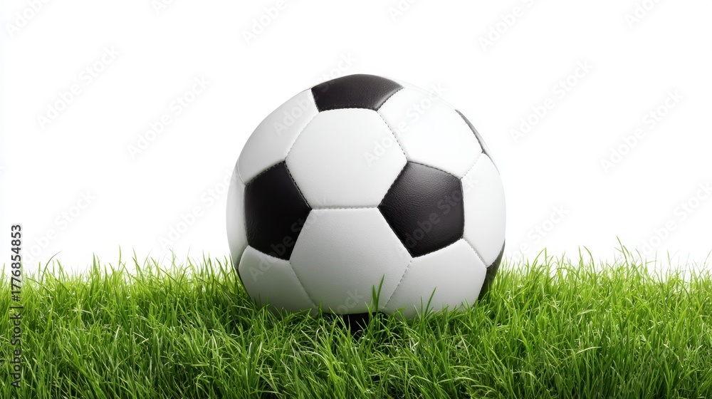 Obraz premium A classic black and white soccer ball sits on lush green grass ready for an exciting match ahead.