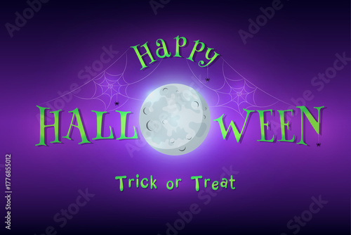 Bright Halloween greeting card with full moon, green spooky letters, spider webs and purple background. Perfect for holiday invitations, party posters or seasonal designs.