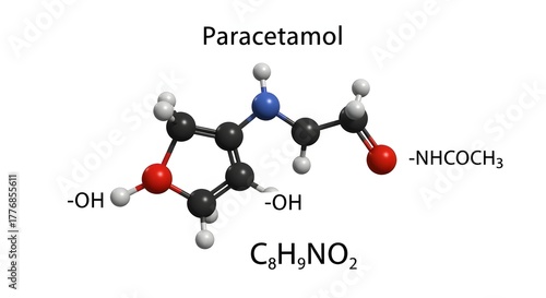 3D ball-and-stick model of the paracetamol molecule with its chemical formula and functional groups