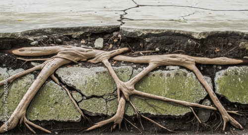 Tree Roots Breaking Concrete Pavement Representing Infrastructure Damage for Environmental Blogs, Construction Websites, Urban Planning Articles, and Landscape Design Presentations