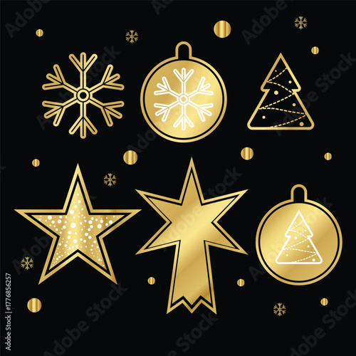 christmas icon gold snowflakes ,star,tree,lampion ,meery christmas icon