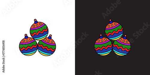 Vibrant festive ornaments stacked playfully, bringing joyous holiday spirit and cheerful decoration to any celebration