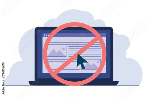 Banned website. Online Warning, laptop with forbidden sign on screen, security system, internet browser blocked message, control illegal content