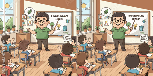 Engaging teacher educates attentive students about environmental protection and sustainability in a bright, cheerful classroom setting