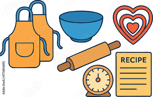 Cooking tools and kitchen essentials including aprons, bowl, rolling pin, kitchen scale, recipe paper, and heart-shaped cookie cutter vector illustration
