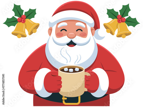 A cheerful cartoon Santa Claus holds a warm mug of hot chocolate with marshmallows, surrounded by festive bells and holly.
