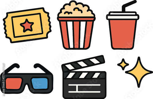 Movie and Cinema Icons Vector Set Including Popcorn Drink 3D Glasses Ticket and Clapperboard Illustration